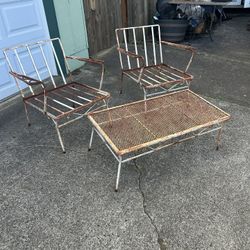 Vintage outdoor patio set, well constructed, surface rust only no metal deterioration. Perfect for repainting and putting bright cherry cushions on.  