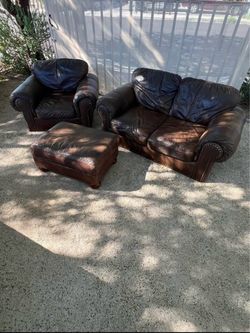 Brown Leather Sofa, Chair, and Ottoman Set
