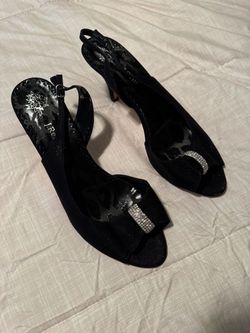 Black Slingback Peep-Toe Heels with Rhinestone Detail