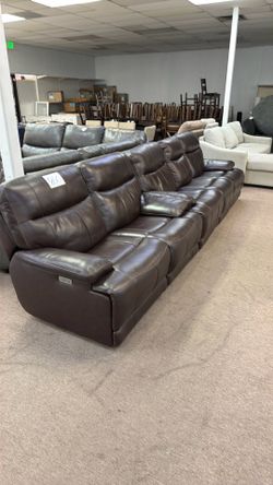 Two piece brown leather couch