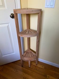 AquaTeak 3 -Tier Wood Freestanding Corner Bathroom Shelf with Angled Shaving and Washing Foot Rest