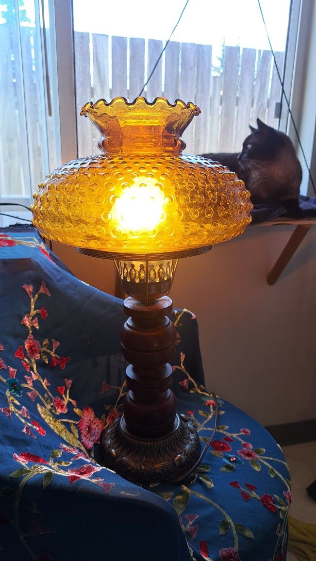 Vintage Amber Glass Hobnail Hurricane Lamp