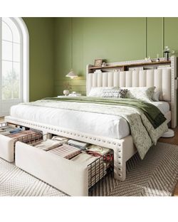 Queen Upholstered Bed Frame with 2-Tier Storage Headboard and Nailhead Trim