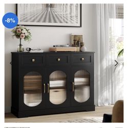 Homfa 3 Drawer Buffet Cabinet with 3 Curved Glass Doors, 47.2”W Kitchen Sideboard with Adjustable Shelf, Black