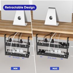 Under Desk Cable Management Tray 2-Layer, ARUQO Retractable No Drill Cable Management Under Desk, Metal Cable Tray Basekt with Clamp for Wire Manageme