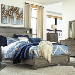 Gray-7 Pc.Dresser-Mirror-Chest-Queen Bookcase Bed-2 Nightstands