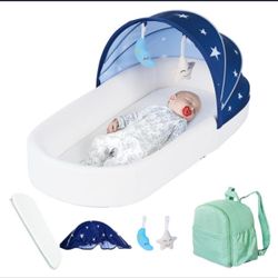 Portable Newborn Nest Lounger-Travel Bassinet, w/ Canopy - Indoor-Outdoor Use (Blue) by Protable