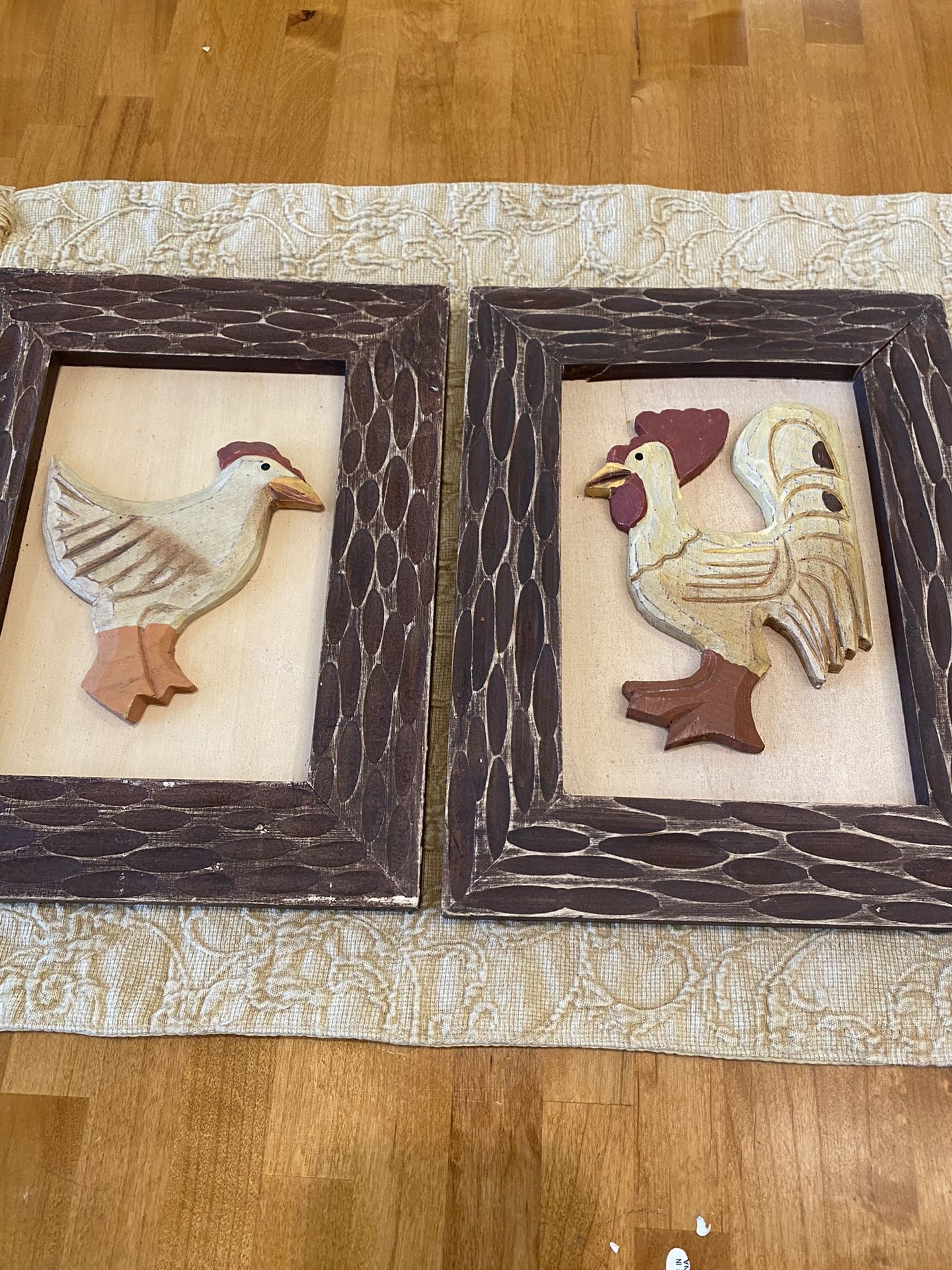 Farmhouse / Cottage Decor WOOD Carved Chicken & Rooster wall art. 11x8.5 inches. Sold as set of 2.