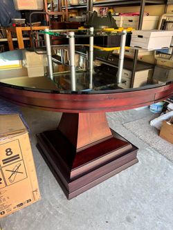 Round Glass Top Display Table with Wood Pedestal Base