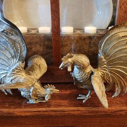 Set Of Brass Figural Roosters Chickens