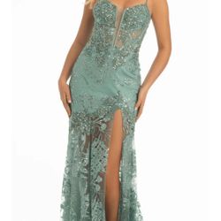 Dress. Prom. Evening. Guest Wedding. Camille La Vie.   Illusion Plunge Corset Beaded Trumpet. Sage color. Camille La Vie dress. Size 2.  