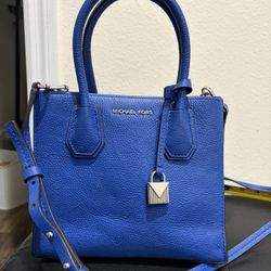 Michael Kors Electric Blue Leather Med Mercer Crossbody Tote Purse 