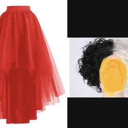 Women’s Red Tutu Skirt & Black & White Wig