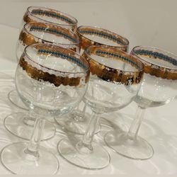 Fine Art Antique Vintage Original Wine Glass Glasses Set 6 Real Gold Encrusted ESTATE FORMAL DECOR DECORATOR