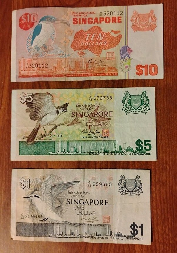 Singapore Vintage $10,$5 &$1 Dollars Bird Series Bills Banknotes Currency 