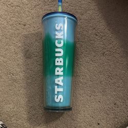 Blue And Green Starbucks Cup With Straw Cover