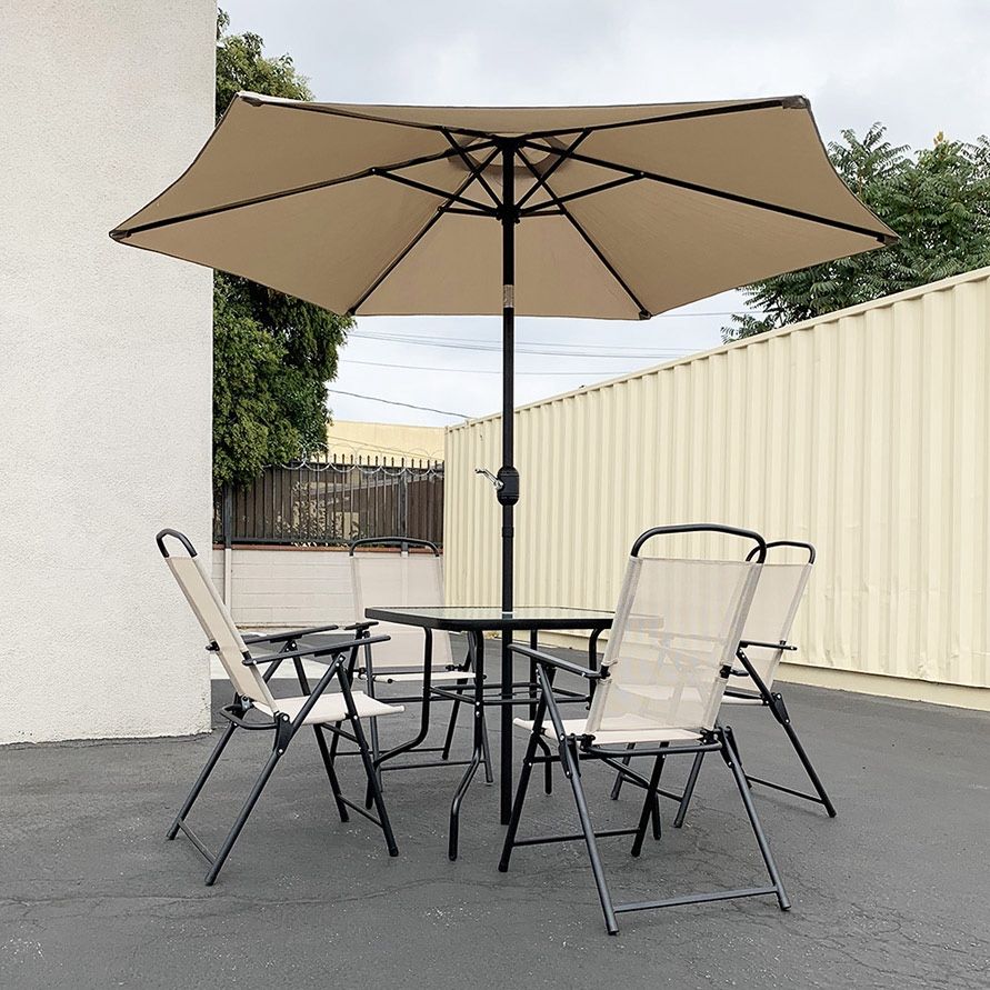 (New) $140 Outdoor Patio 6pcs Set (32x32” Table, 4pc Chairs and 10ft Umbrella)