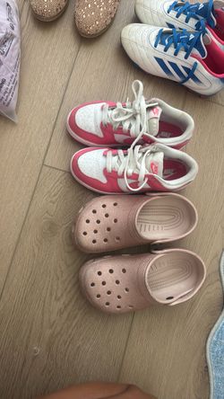 Nike Dunk Low Pink and Crocs glitter pink shoes