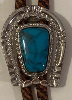 Vintage Metal Bolo Tie, Nice Silver and Blue Turquoise Stone Design, Nice Horseshoe, Nice Design, 1 1/2" x 1 1/4", Nice Design, Quality, Heavy Duty, M