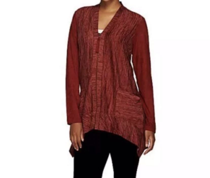 NEW QVC LOGO Lori Goldstein Women’s XL Maroon Zip-Up Burgundy Knit Cardigan
