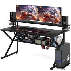 C0374 New Tribesigns Gaming Desk, Computer Desk with Monitor Stand and Shelf 