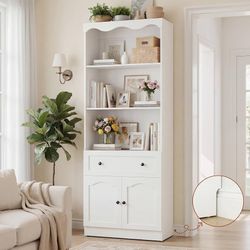 80" Tall Bookcase with Doors, Drawer & 3-Tier Open Shelves, White Modern Bookshelf with Adjustable Shelf, Built-in Baseboard Notch, Wave Design for K