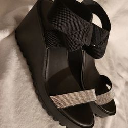 Black And Silver Sparkle Slip On Wedges