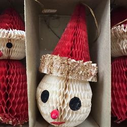 6 Holt Howard Honeycomb Tissue Paper Ornaments Snowman Santa Christmas Japan 1950s