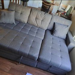 GrayLinen Sectional Sofa W/storage Chaise And Pullout Bed