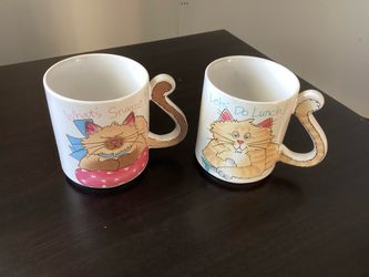 2 NEW (Old Stock) Cat Illustrated Ceramic Coffee Tea Mugs Tail Shaped Handles Retro Kitsch Style