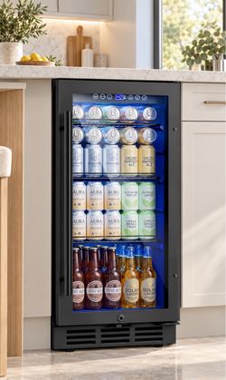 New 15 Inch Beverage Refrigerator 130 Cans | Under Counter Glass Door 15 in beverage refrigerator, 130 cans, glass door, LED, lock, built-in or freest