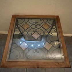 Wrought Iron, Wood And Glass Side Table
