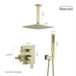 Luxury Concealed Ceiling Mount Shower System, All Brass, Dual Heads 10 In. With Pressure Balance Anti Scalding Valve, Brushed Gold