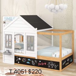 Twin Size Playhouse Bed for Kids,House Shaped Canopy Bed with Black Roof & White Window, Twin Tent Bed Cabin Platform Bed (4051)