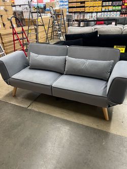 Gray Fabric Futon Sofa with Wood Legs