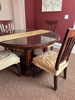 Wood Dining Table with Glass Top and Chairs