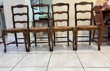 Vintage French Ladder Back Set of 4 Rush Seat Dining Chairs