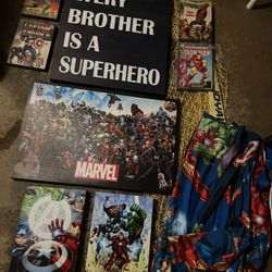 Marvel Supergirl Room, Decor, Children, Children’s Kids, Brown Boys, Wall, Art, Wood, Pictures, Canvas, And Window Panel Curtains Set Up Two