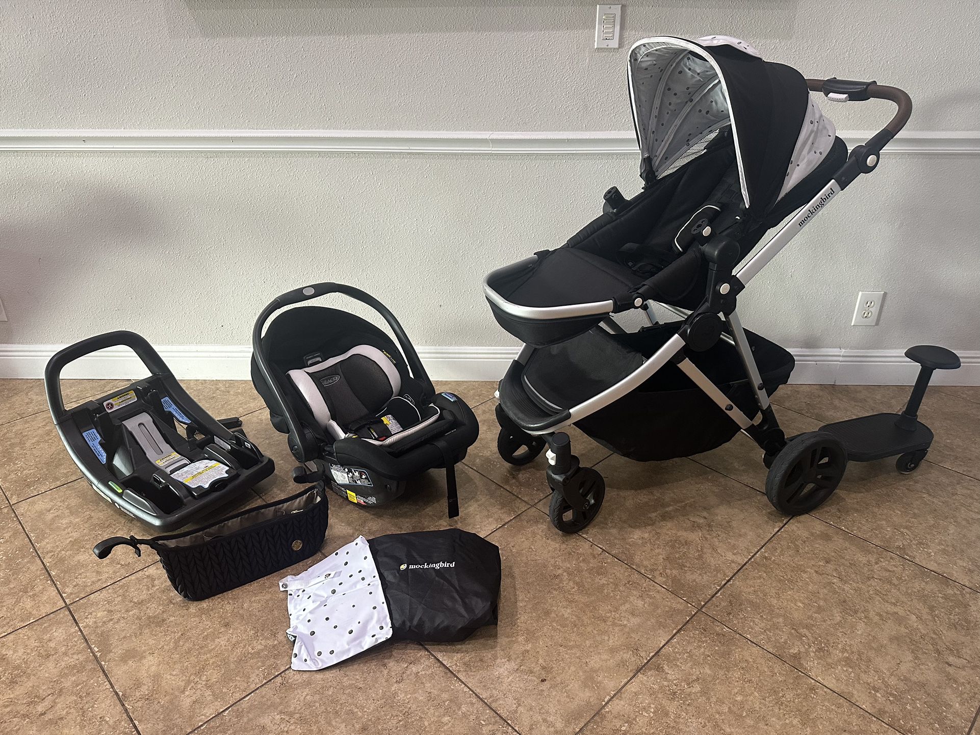 Mockingbird Stroller, Riding Board, Compatible Graco Snug fit Newborn Car seat And Base. 