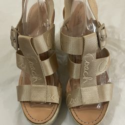 COACH Maryanne Logo Platform Beige Sandal Espadrille Cork Wedge Heels