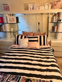 Luxury European Bedroom Set – Mirrored Storage Bed + Shelving + Drawers