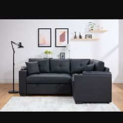 Black Fabric Sleeper Sectional Sofa Witj USB Outlet 