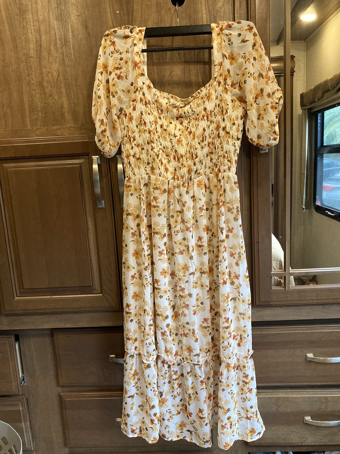 White Maxi Dress With Orange/yellow/brown Floral Print