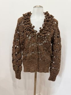 Josephine Chaus Brown Open-Knit Flower Crochet Cardigan Sweater Large