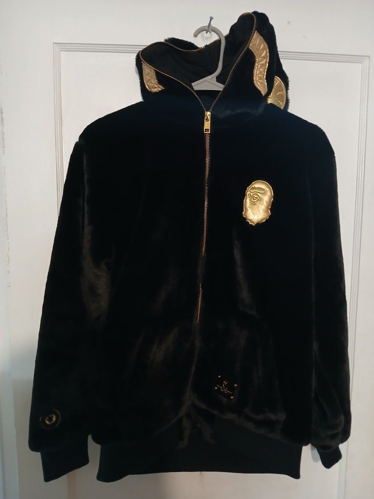 Bape Ape Hoodie Black Faux FUR Size Small