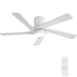 WINGBO 54 Inch Flush Mount DC Ceiling Fan with Lights and Remote, 5 Reversible Carved Wood Blades, 6-Speed Noiseless DC Motor, Hugger Ceiling Fans in 