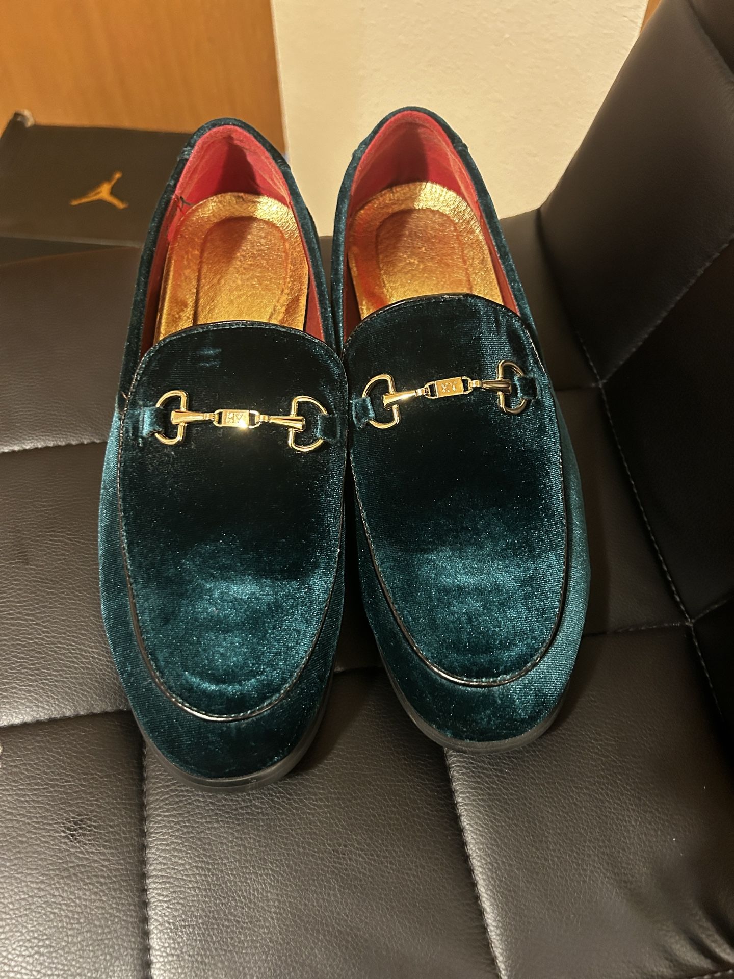 Green & Gold velvet dress loafers