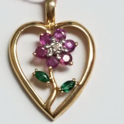 14k Yellow Gold Diamond , Ruby & Green Heart Shaped Pendant 