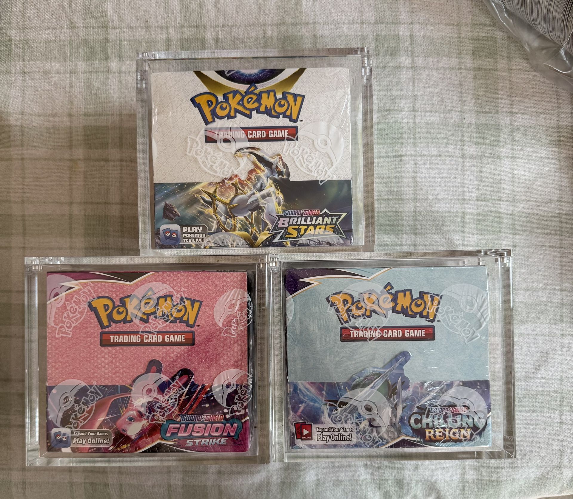 3 Sword and Shield Era Pokemon Booster Boxes (Fusion Strike, Chilling Reign, Brilliant Stars)