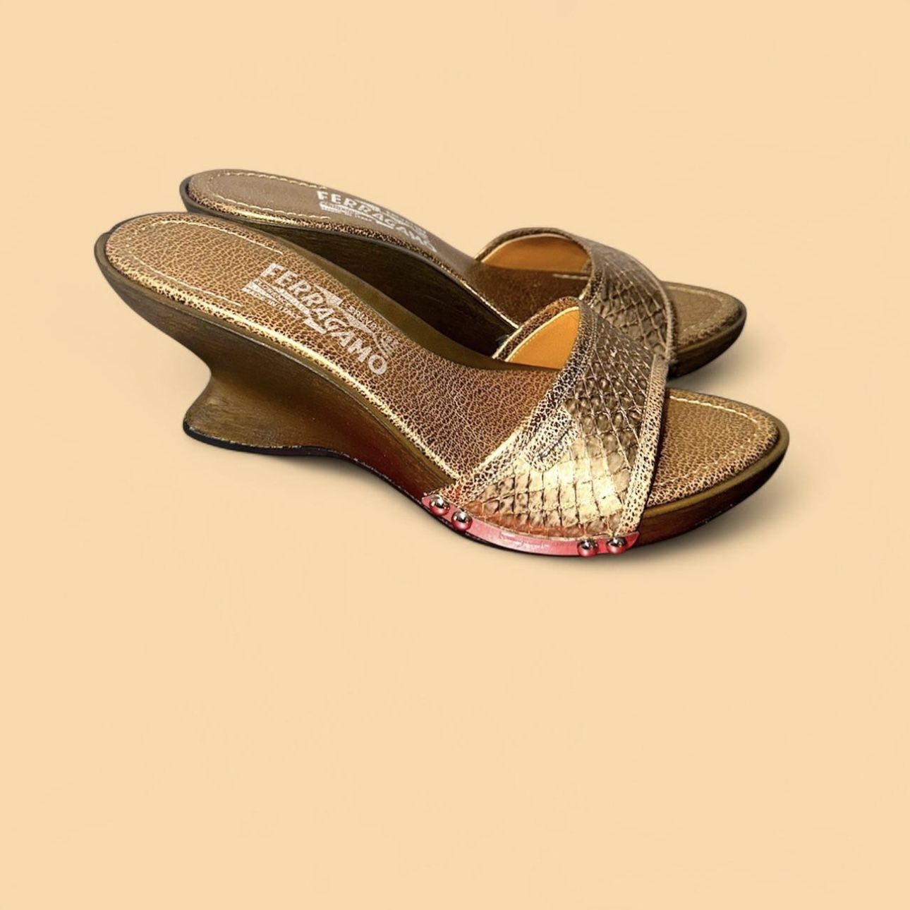 Salvatore Ferragamo Bronze Gold Andalusia Wedge Sandals 